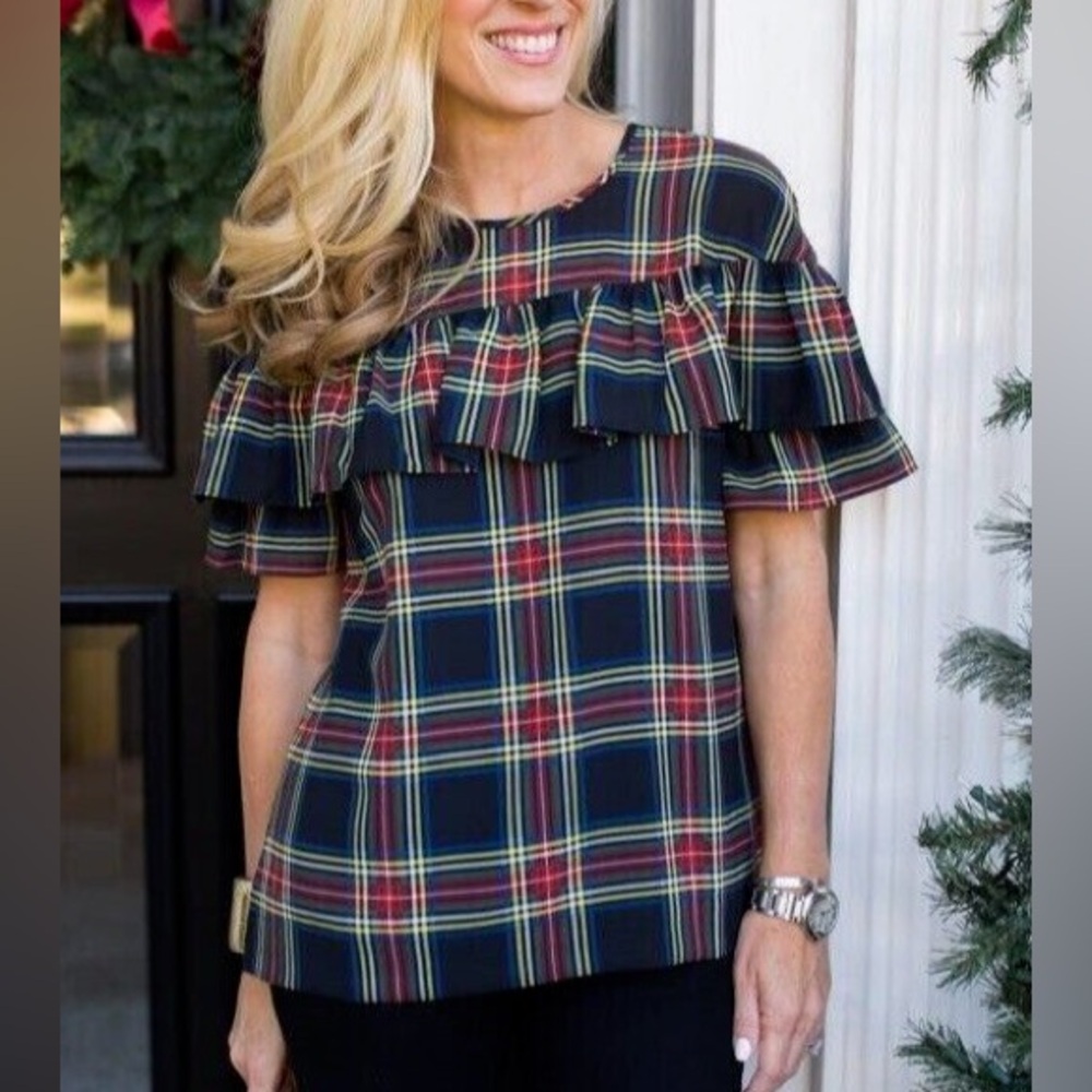 J Crew black plaid chiffon ruffle blouse sz 0 Stewart